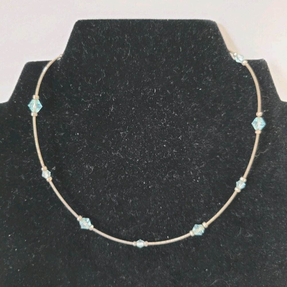 Choker Necklace Stretch Adjustable Silver Tone Blue Beads